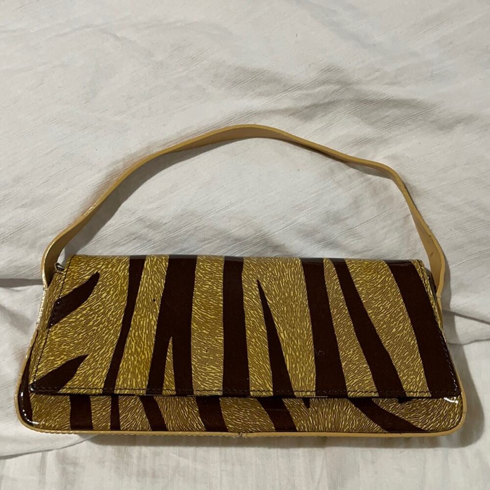 Francisco Biasi small patent brown tan zebra print tan leather straps euc
